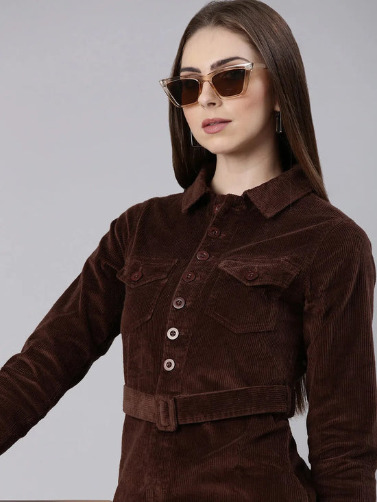 Women Coffee Brown Solid Shirt Dress-IM-10642-Coffeebrown