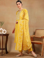 Ahika Women Yellow Viscose Rayon Embroidered Straight Kurta Pant Set