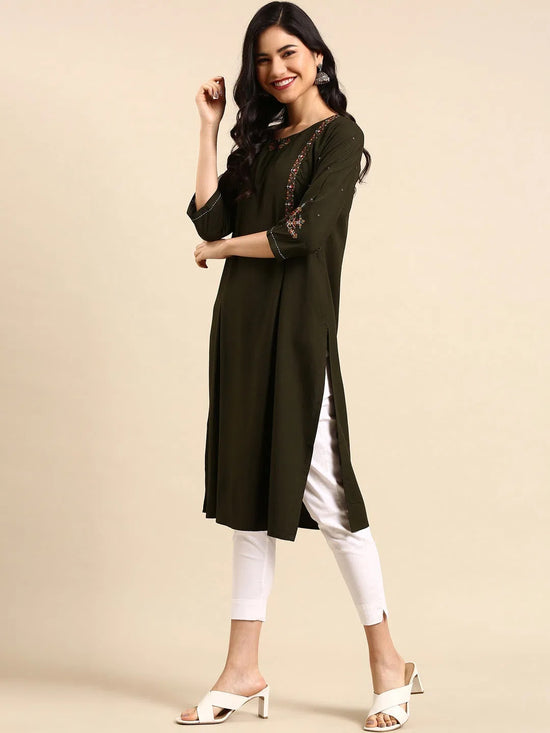 Women's Olive Embroidered Straight Kurta-DF-1202A-Olive