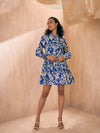 Women Blue Ikat Print Front Button Shirt Tiered Dress