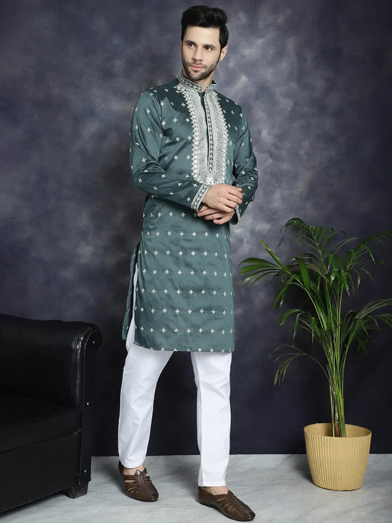 Men's Sequins Embroidered Kurta Pyjama Set.-JOKP-P-5038Olive