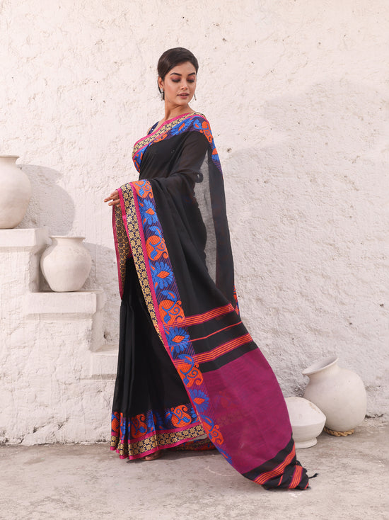 Black Pure Cotton Soft Saree With Nakshi Border-MA54CT33440062