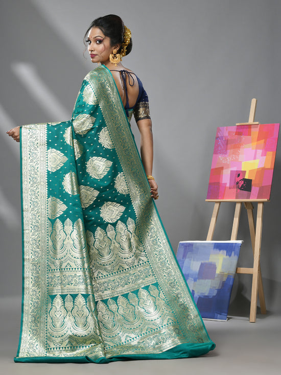 Teal Katan Silk Banarasi Saree With Ethnic Motifs And Zari Woven Designs-MA52KA441380068