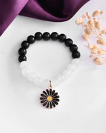 Black White Beads Black Flower Elastic Bracelet-VOJ135