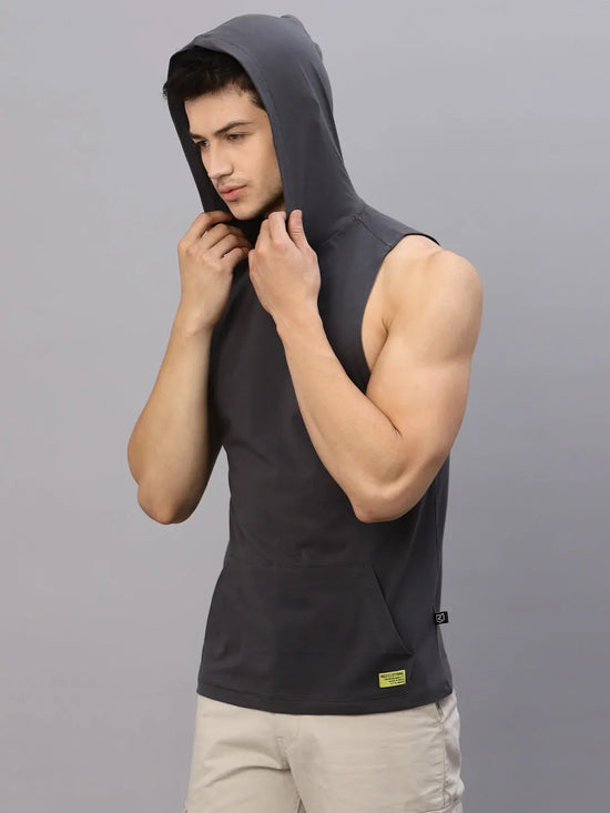 Rigo Dark Grey Hooded With Kangaroo Pocket Sleeveless T-Shirt Vest