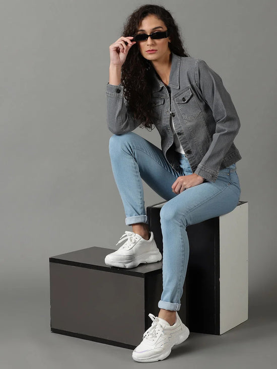 Women's Grey Solid Denim Jacket-AE-9501-Grey