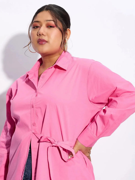 Women Pink Poplin Tie Up Shirt