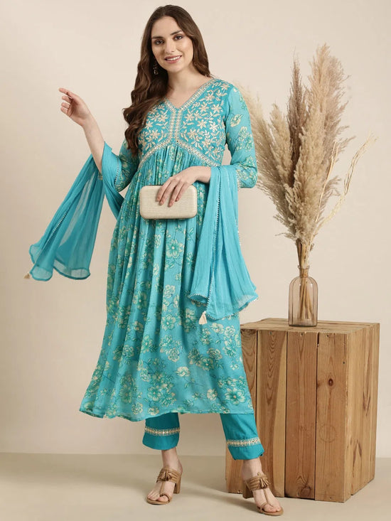 Women Anarkali Blue Floral Kurta and Trousers Set Comes With Dupatta-AT-A1376-KPD-Blue