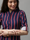 Women's Blue Striped Longline Shirt-AE-10420-Navyblue