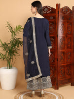 Ahika Women Navy Blue Silk Blend Solid Straight Kurta Palazzo Set With Dupatta