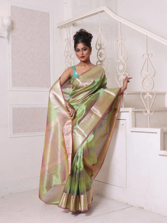 Green Dual-Tone Tissue Saree With Zari Borders-MA64TIS46610003