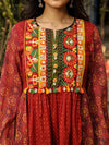 Rust Ethnic Motif Printed Cotton & Chiffon Peplum Tunic With Thread Embroidery & Tassels