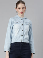 Women Blue Solid Denim Jacket-GZ-9510-Blue