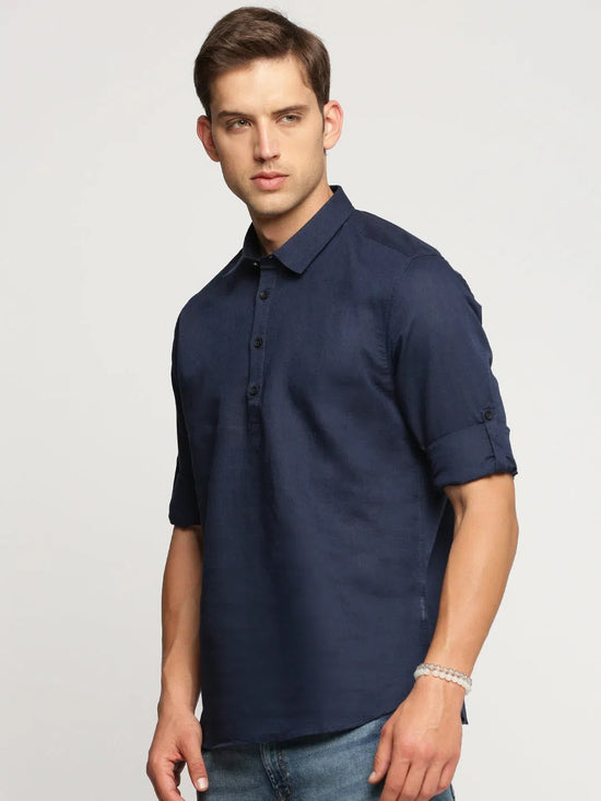 Men Navy Blue Solid Shirt Collar Casual Short Kurta-LAGOM-2013-Navyblue