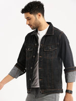 Men Charcoal Spread Collar Solid Denim Jacket-IB-DJ-03-2-Charcoal