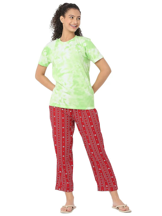 Smarty Pants Women's Cotton Lycra Tie Dye Round Neck T-Shirt & Aztec Print Pajama Night Suit Set-SMNSP-839A-S