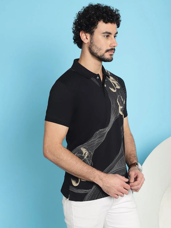 Venitian Men All Over Printed Black Cotton Polo Neck T-Shirt