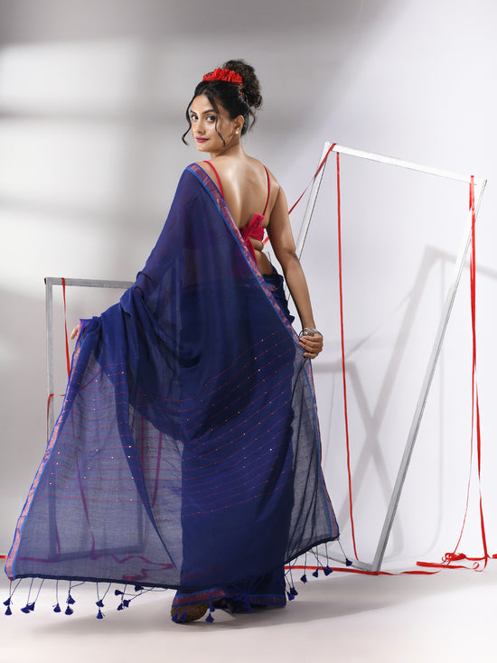 Blue Cotton Saree With Sequined Pallu-MA55CT06520116