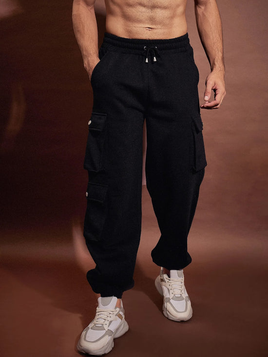 Men Black Utility Pockets Oversized Joggers