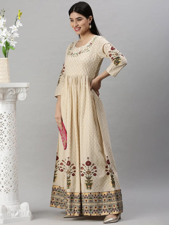 Women's Beige Floral Anarkali Kurta-BSM604-Beige