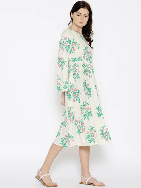 Foral Print Midi Dress with bell sleeve in Off White