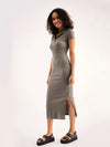 Women Grey Rib Collar Midi Dress