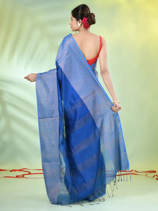 Sapphire Blue Cotton Saree With Zari Borders-MA66BCT43620004