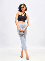 Women Dull Blue Front Darted High Waisted Pants