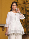 White Solid Peplum Lacy Keyhole Neckline Tunic With Lining