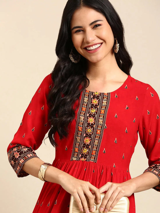 Women's Red Embellished Anarkali Kurta-GW-1423-Red