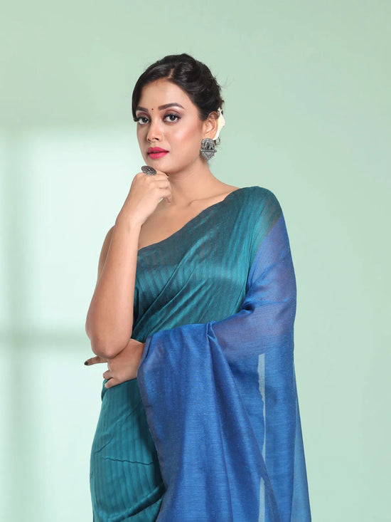 Teal Blue Patli Pallu Cotton Saree With Texture Design-MA59CT06570028