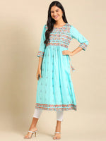 Women's Blue Printed A-Line Kurta-GW-3392-Blue