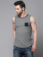 Rigo Grey Navy Stripe With Contrast Patch Pocket Curved Bottom Cotton Sleeveless T-Shirt Vest