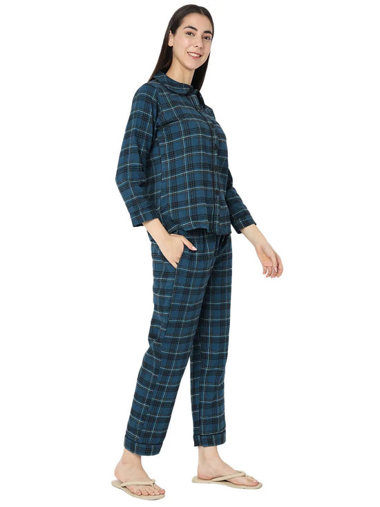 Smarty Pants Women's Brush Cotton Navy Blue Color Checks Night Suit-SMNSP-920E-S