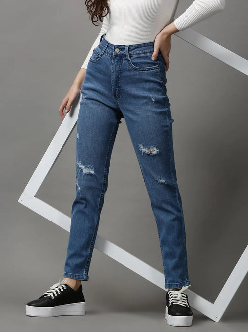 Women's Blue Solid Slim Fit Denim Jeans-GZ-5303-Blue