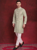 Sequin Chikankari Front Open Kurta With Pyjamas-JOKP-P-5029Pista