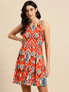 Box Pleated Mini Dress in Red Ikkat Print