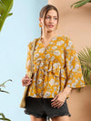 Women Yellow Floral Front Button Frill Peplum Top