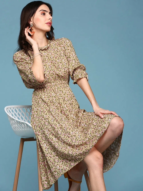 Women's Beige Floral A-Line Dress-AE-9923-Beigegreen