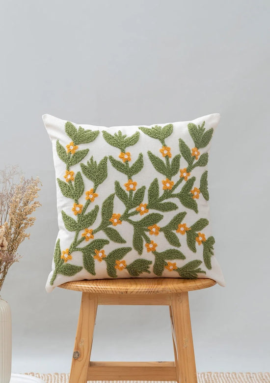 Lush 100% cotton embroidered floral cushion cover for sofa - Green-240454021