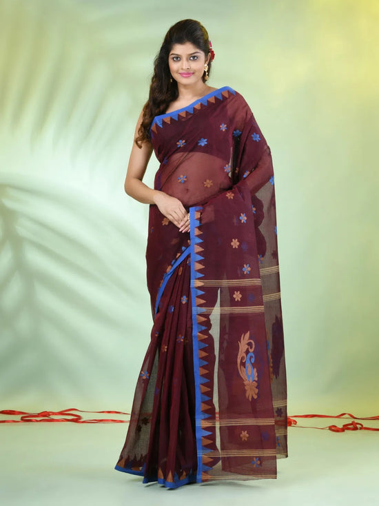 Maroon Cotton Saree With Temple Borders-MA66CT43830051