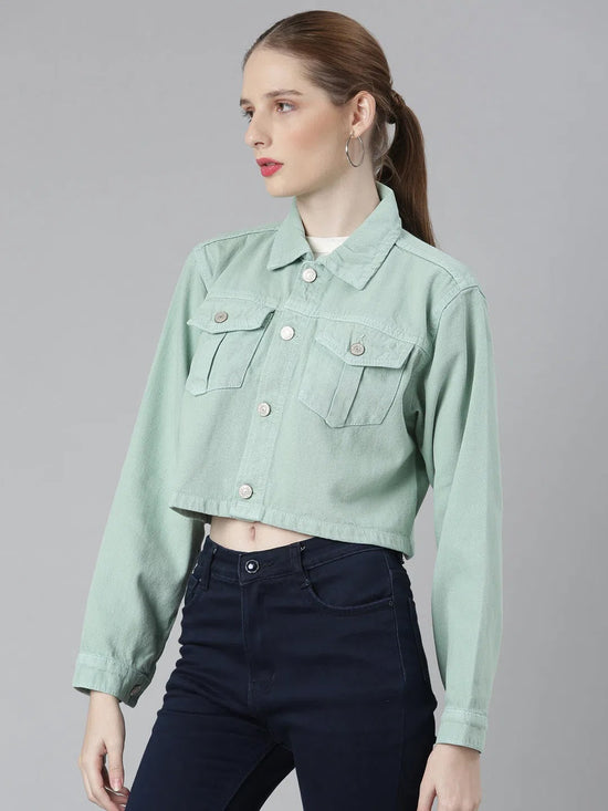 Women Sea Green Solid Denim Jacket-GZ-5600-Seagreen