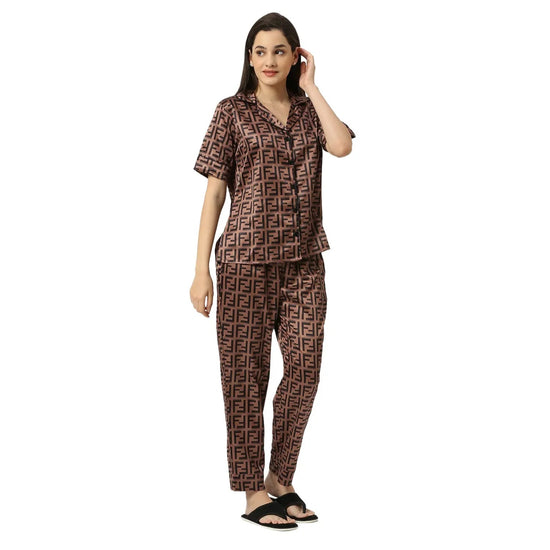 Smarty Pants Women's Silk Satin Chocolate Brown Color Aztec Printed Night Suit-SMNSP-882-S