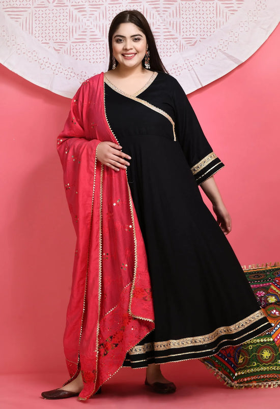 Plus Size Fresh Black Anarkali Kurta With Dupatta