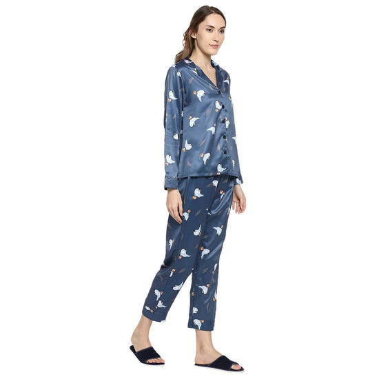 Smarty Pants Women's Silk Satin Dark Blue Color Hallowen Print Full Sleeves Night Suit