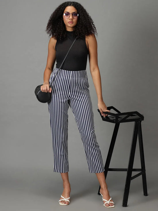 Women's Navy Blue Striped Formal Trouser-IM-9897-Navyblue