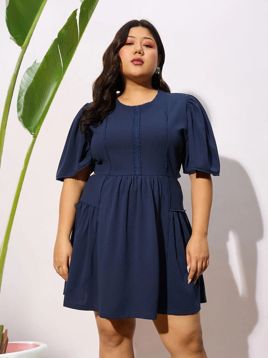 Women Navy Frill Detail Skater Dress