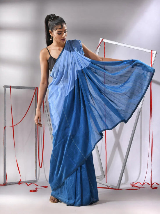 Peacock Blue Cotton Saree With Stripes Pattern Sequine Work-MA55CT06500132