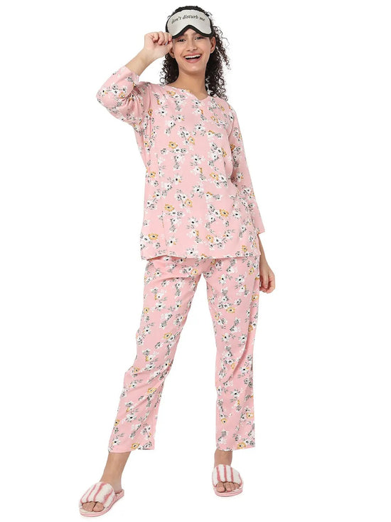 Smarty Pants Women's Cotton Pastel Peach Floral Print Night Suit-SMNSP-814C-S