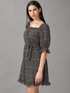 Women's Black Printed Fit and Flare Dress-HQ-24-Black